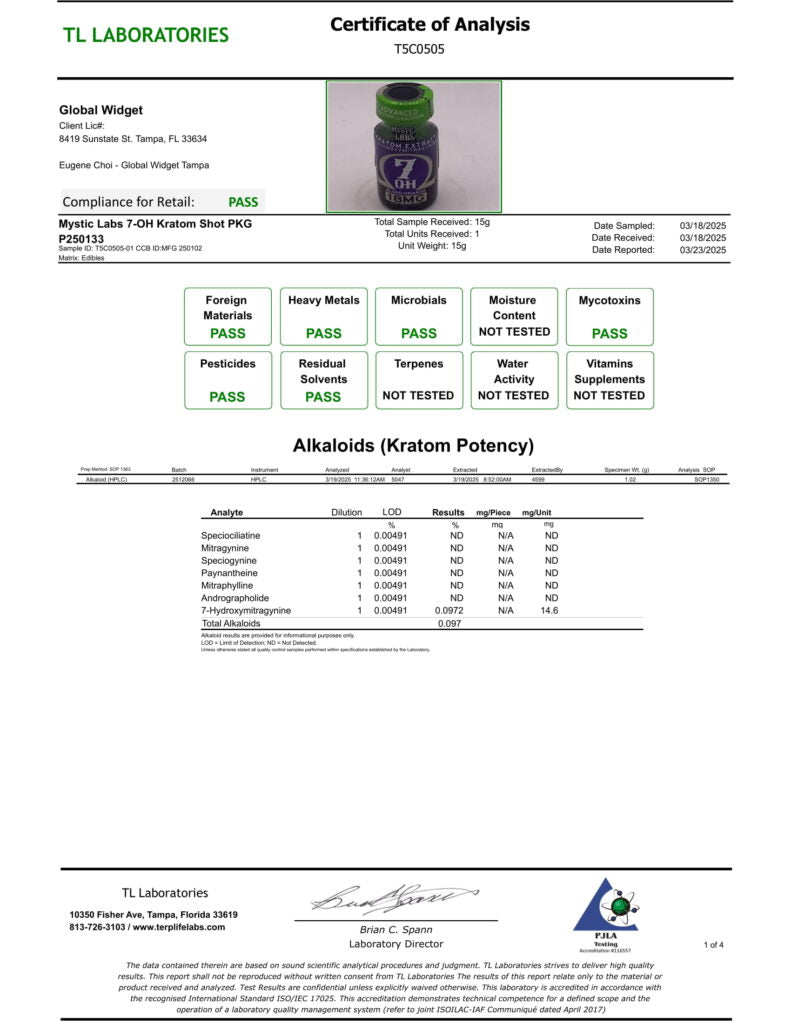 Mystic Labs 7-Hydroxymitragynine Kratom Shot 18mg, Blood Orange - 15ml