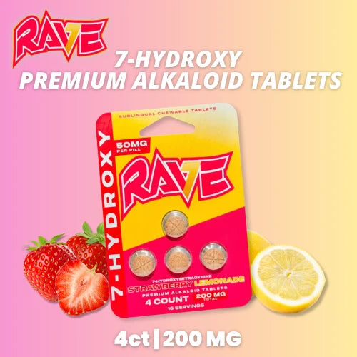 Rave Kratom 7-OH Tablets – Strawberry Lemonade – 200mg - 4ct
